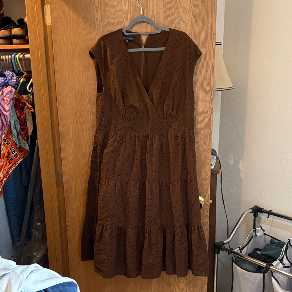 Anne Klein chocolate brown eyelet midi dress